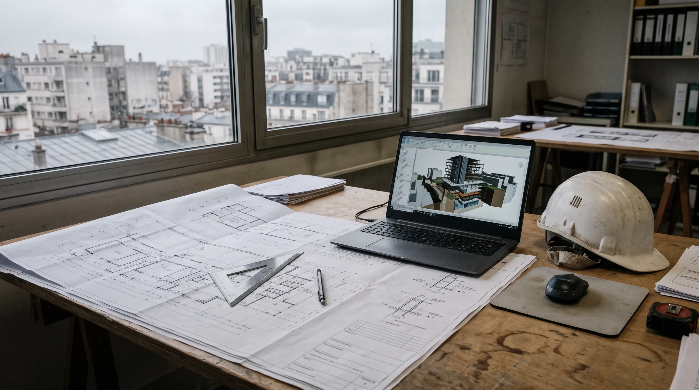 Table de travail d’un bureau d’études : plans d’exécution, ordinateur et casque de chantier