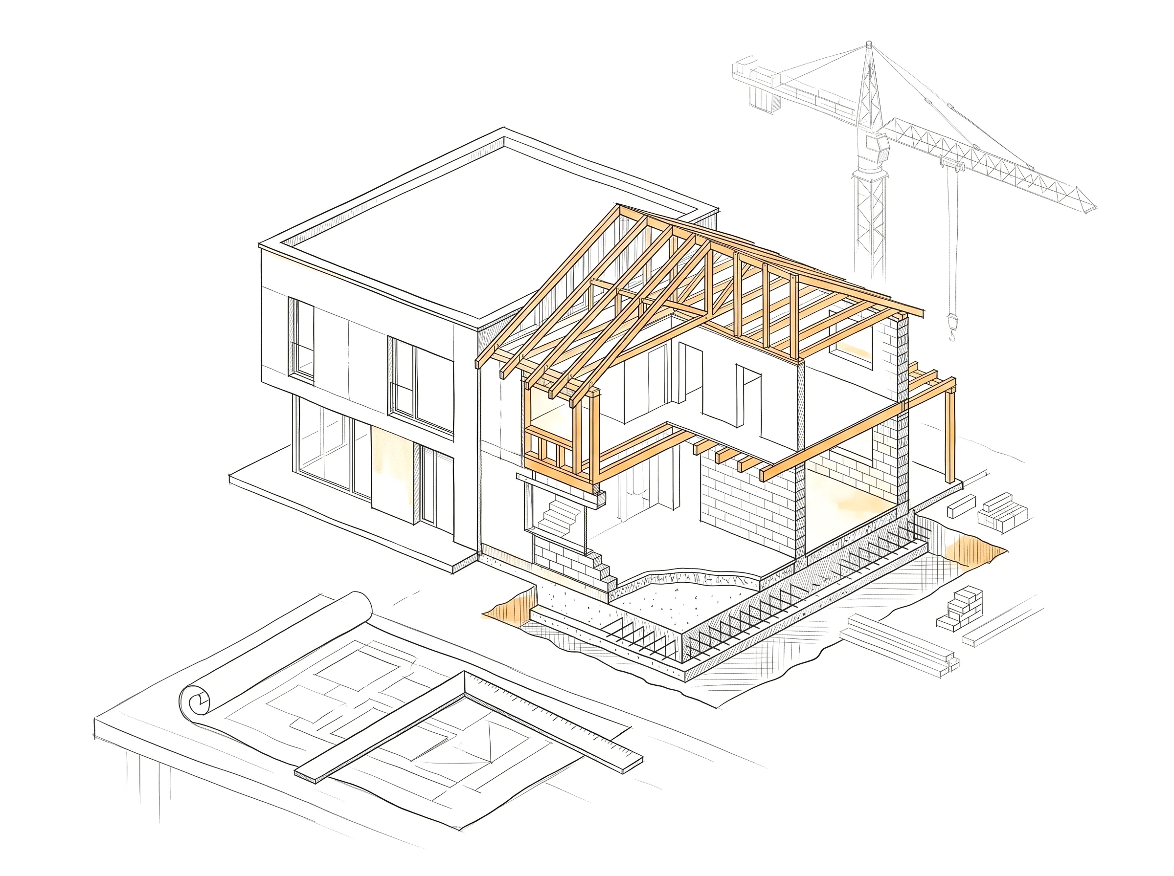 Dessin d’architecte : maison en construction en vue axonométrique