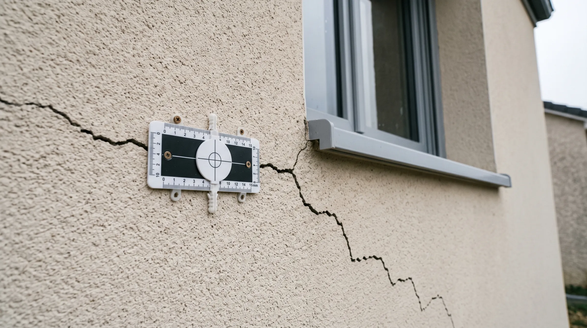 Fissure en escalier sur la façade d’une maison récente, avec un fissuromètre