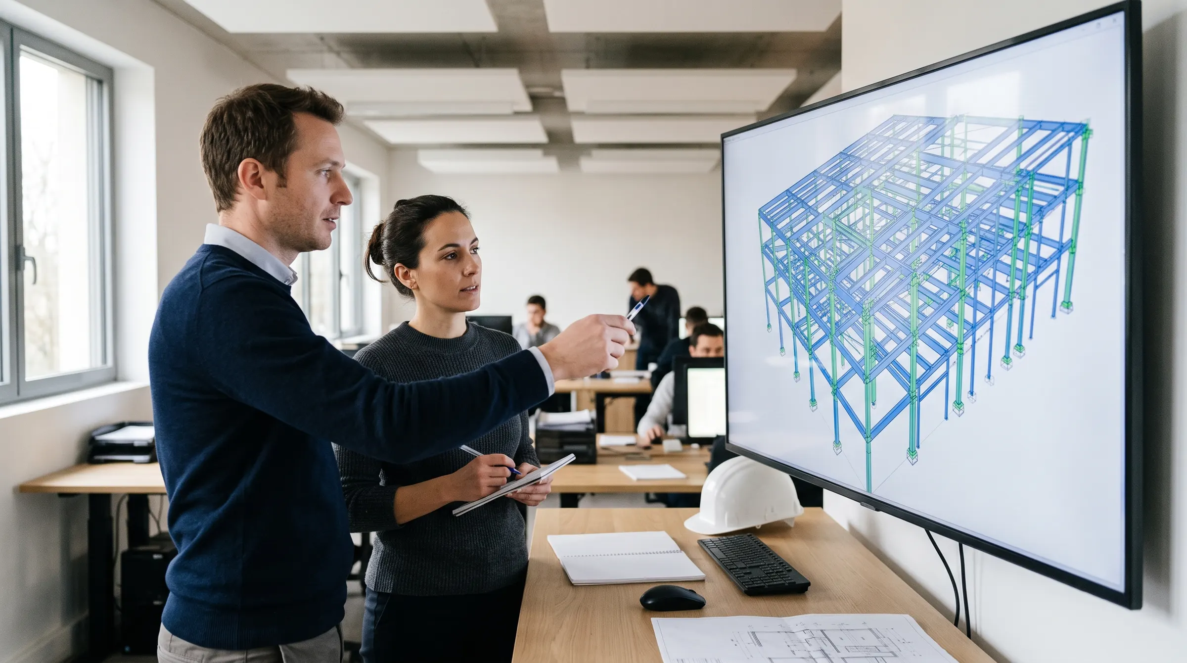 Bureau d'études techniques (BET) au travail sur un chantier