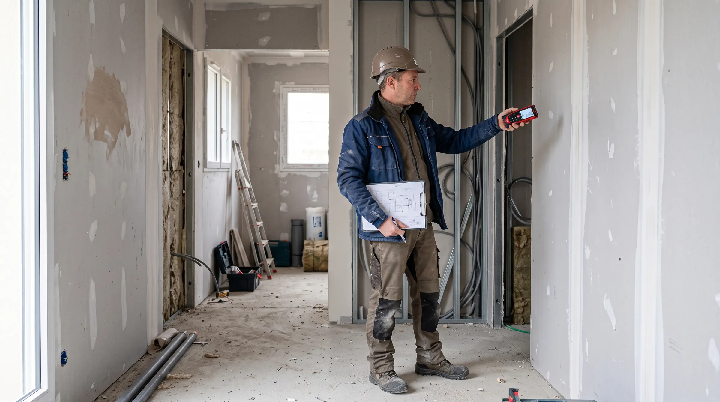 Métreur-vérificateur au travail sur un chantier